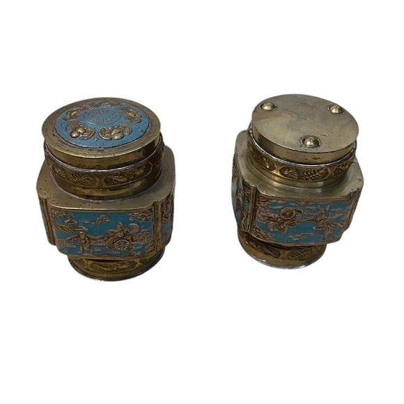 Pair of Vintage Brass Chinese Urn Snuff Brass & Enamel Lidded Trinket Tea Jar - Picture 8 of 11